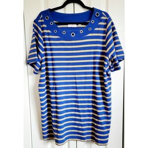 Quacker Factory 2X T-Shirt‎ Womens Blue Striped Round Neck Rhinestones NEW